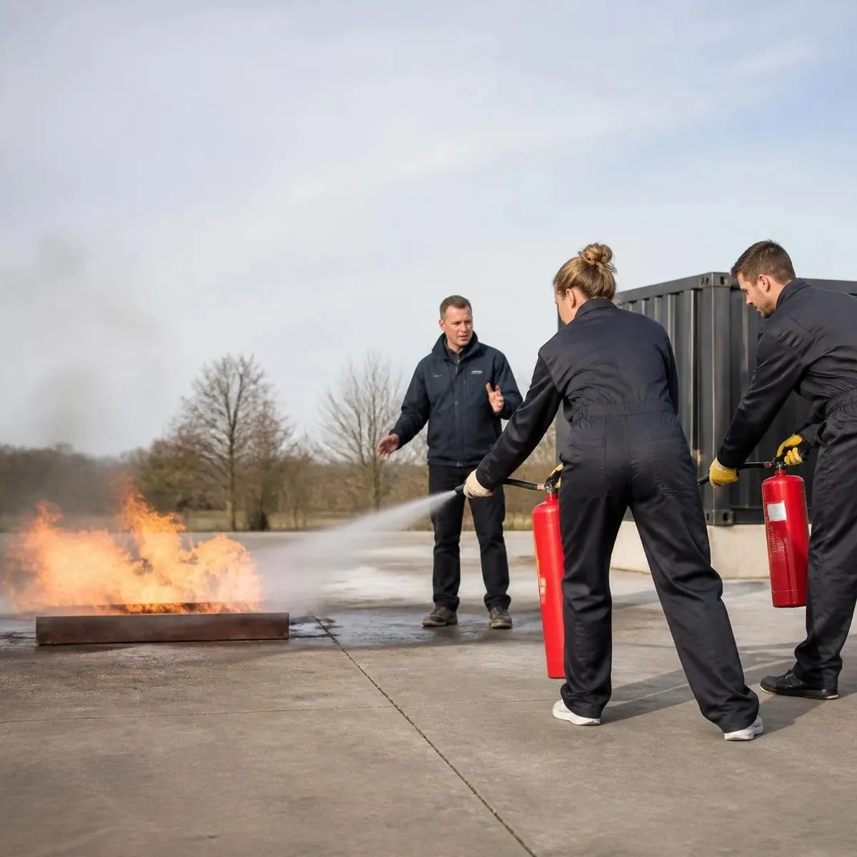 Cursisten blussen een oefenbrand met een brandblusser, met de instructeur erbij