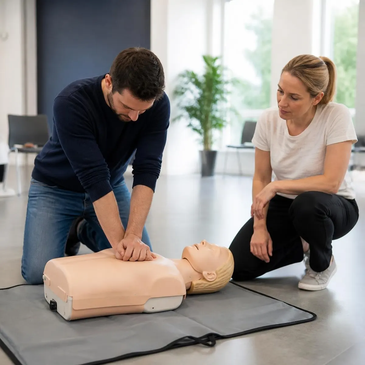 Een cursist oefent borstcompressies op een oefenpop terwijl een instructeur meekijkt