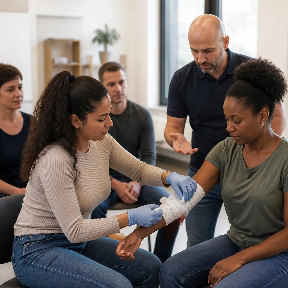 Een cursist legt een verband aan om de onderarm van een medecursist terwijl de instructeur uitleg geeft
