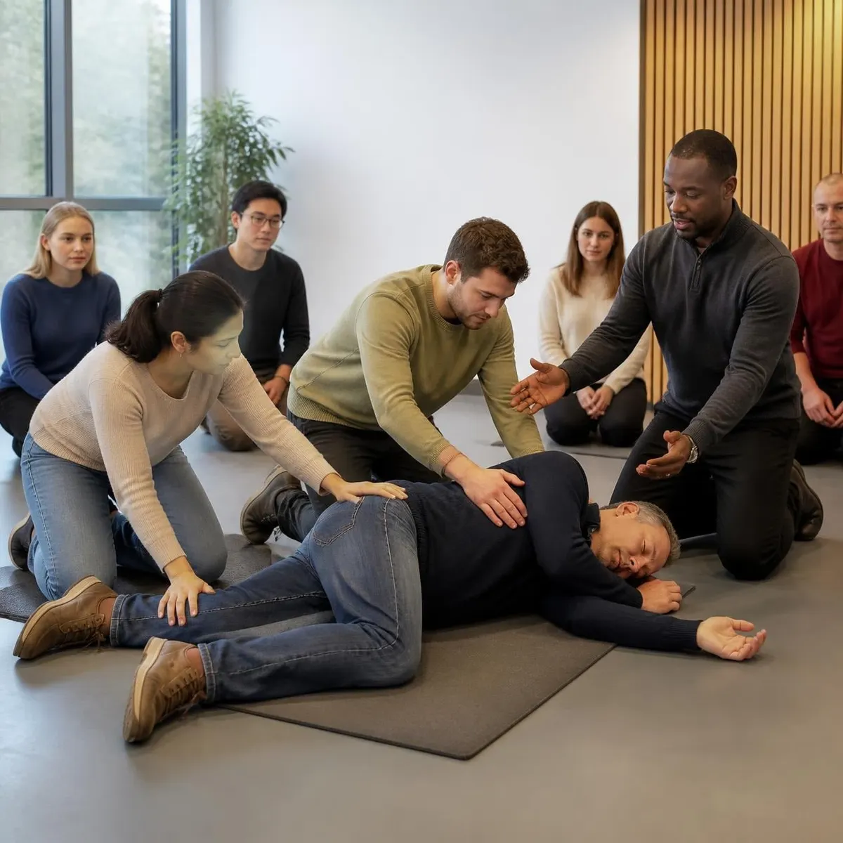 Cursisten leggen een medecursist in de stabiele zijligging onder begeleiding van de instructeur
