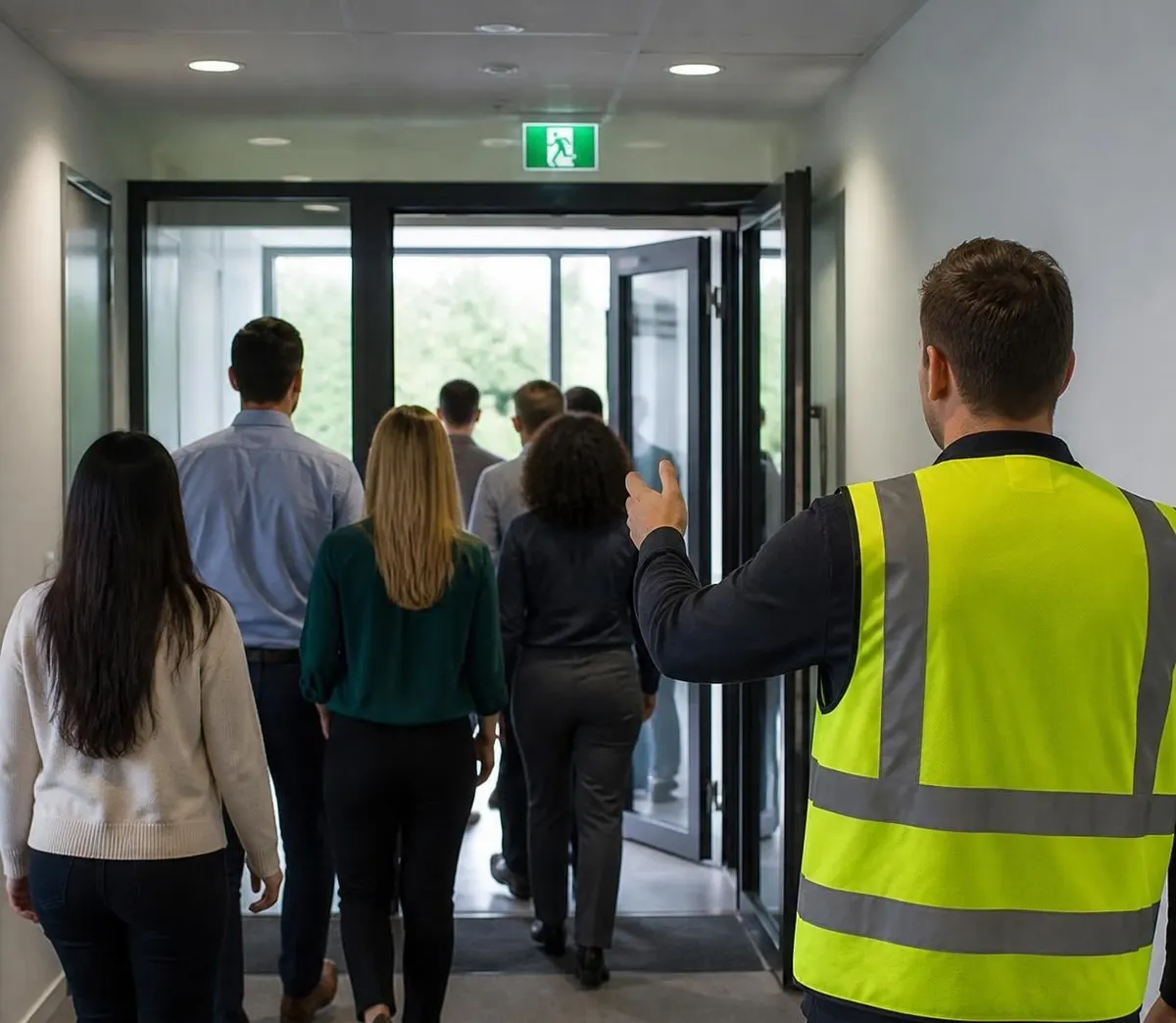 Een BHV'er in een geel hesje wijst collega's de weg naar de nooduitgang