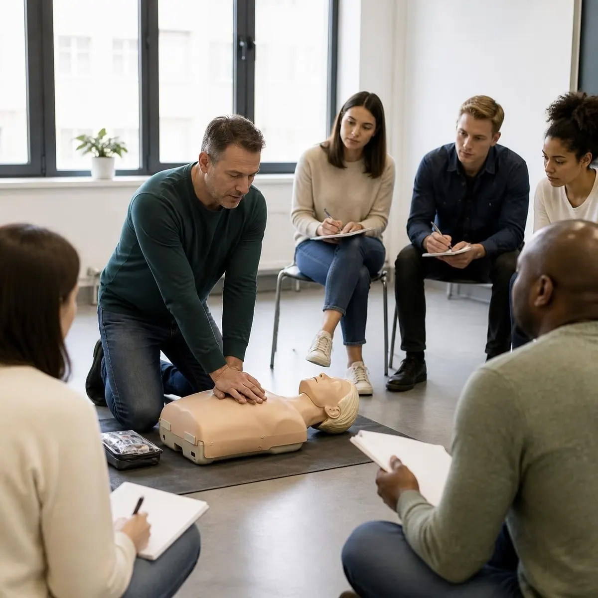 Een instructeur doet borstcompressies voor op een oefenpop, de groep maakt aantekeningen